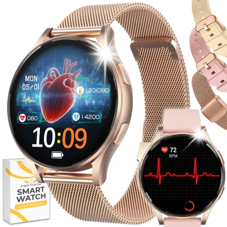 Smartwatch Damski Zegarek Angelo AG30 złoty Rozmowy Ciśnienie EKG HRV Tętno Menu PL